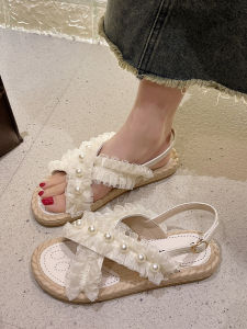 French Chic Summer Flat Roman Holiday Beach Sandals Womens Fairy Style Fashionable Casual Slip-On Shoes round Toe PU Leather