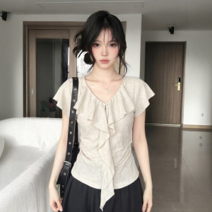 DUOFEIYAN | Unique Design Pretty French Ruffled V-Neck T-Shirt Slimming Waist