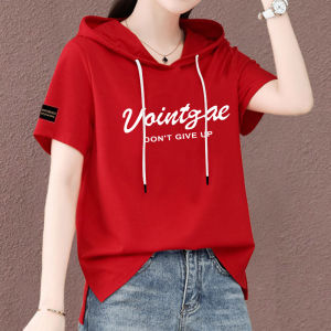 ฤดูร้อน ผ้าฝ้าย เสื้อฮู้ด ผู้หญิง Loose Fit ลำลอง เสื้อแขนสั้นบาง ทันสมัย หลากหลาย สีแดง เสื้อสวม สไตล์พิมพ์ ดีไซน์