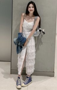 Retro Gradient Color Sleeveless Denim Open Cardigan Waist Cinched Split Lace Strap Cake Skirt Small Size Fashionable Student Womens Dress