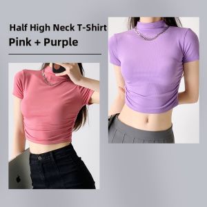 miiow | Slim Fit Short Sleeve Half High Collar Womens Summer Top Inner Wear Outer Wear Short Length Trendy Cat Woman Pure Color T-Shirt