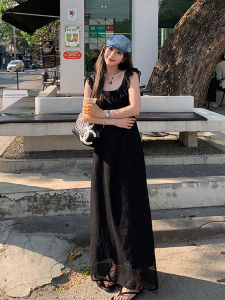 Summer French Style Simple Elegant Black Design Sense Dress Womens Long Sleeveless A-Line Dress High Waist Zipper Closure