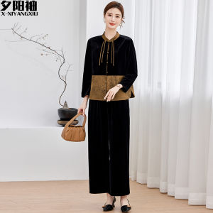 New Style Mid-aged Mom Autumn Fashion Set Velvet Womens Two-piece Suit Slimming Traditional Chinese Style Loose Fit Long Pants