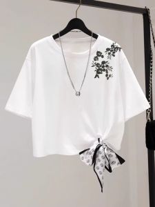 plus Size Womens Cotton Short Sleeve T-Shirt Retro Chinese Style New Summer Fashion Creative Print Loose Fit round Neck Top