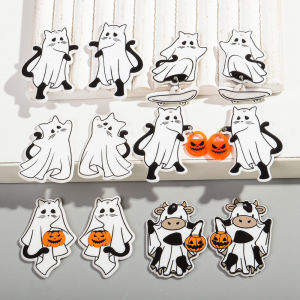 8pcs Halloween Charms Cute White Ghost Cat Cow Pumpkin Lamp Acrylic Pendant for DIY Jewelry Making Keychain Earring Accessories