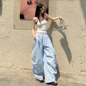 La Chapelle Casual Pants Striped Loose Fit Womens Light Blue Summer Slimming Wide Leg Knife Pants Low Waist Long Pants