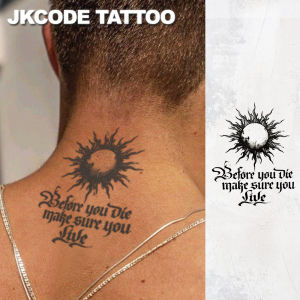 Waterproof Design Semi-Permanent Tattoos Flame Sun Pattern - Inspirational English Sentences - Dual-Use Mens Neck Hand Finger Temporary Tattoo Lasts for 15 Days
