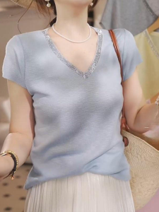 Shalldoer | Slimming Effect V-neck Short Sleeve Knitted Top Fashionable Rhinestone Design Summer Thin Versatile Ladies T-shirt
