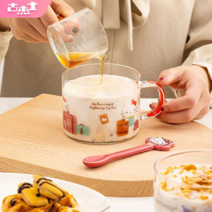 For Sanrio Glass Cup Cartoon Collaboration Transparent Water Cup Home Breakfast Oatmeal Mug with Colored Handle Gift for Kids