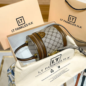 กระเป๋าสะพายข้างหนังแท้ Hong Kong เทรนด์ใหม่ กระเป๋าสตางค์ทรงถังสำหรับผู้หญิง กระเป๋าสะพายข้างขนาดเล็กฤดูใบไม้ผลิและฤดูร้อน