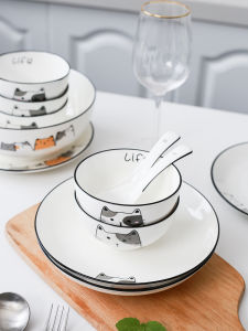 Nordic Style Ceramic Bowl Plate Set Simple Cartoon Creative Single Plate Bowl Cute Girl Heart Home Use Dining Utensils Set