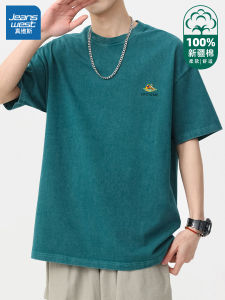 Jeanswest Mens Short Sleeve T-Shirt Pure Cotton Breathable round Neck Top Summer 2024 Fashionable Casual Youth Clothing