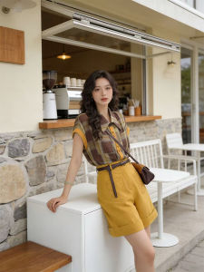 YNY | Vintage Hong Kong Style Checked Shirt and Yellow Shorts Set Summer Wear