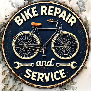 CIFbuy | 2D Flat Retro Bicycle Repair Round Aluminum Sign - Bike Maintenance Wall Decor for Garage Workshop Bar Home Gift