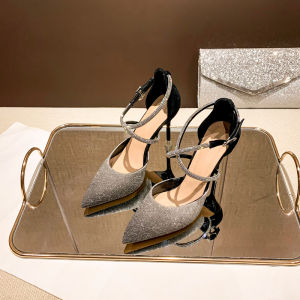 รองเท้าแตะส้นสูงคริสตัลกลางน่องแบบมีสายรัดข้อเท้าสำหรับผู้หญิง รองเท้าแตะส้นสูงแบบลำลองที่สวมใส่สบายสำหรับงานปาร์ตี้