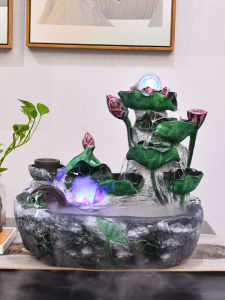 Chinese Style Lotus Flower Waterfall Fountain Decorative Piece Living Room Desktop Home Circular Water Landscape Decoration Moving in Gift