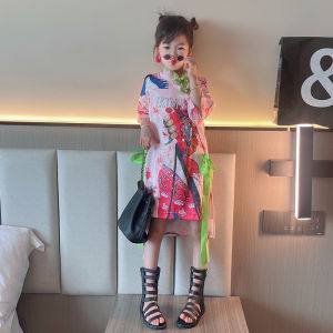 Childrens Performance Costume Traditional Hanfu Girls Cheongsam Skirt Fashion Show Outfit Summer A-line Cotton Blend Dress