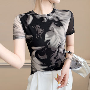 YIMEI European 2025 Summer Fashion Mesh Short Sleeve T-Shirt Trend