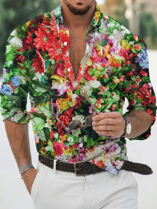 เสื้อเชิ้ตลายฮาวายหลวมๆ สำหรับผู้ชาย ทรงหลวม แขนยาว ปกแหลม ลายดอกไม้ ฤดูใบไม้ร่วง 2023 แฟชั่นสตรีท