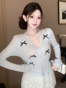 GUZILIAN | Summer Butterfly Knot Knitted Cardigan Loose Long Sleeve Thin Sun Protection Outerwear Womens Fashion Style Commute Version