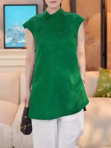 QINGNAER | Chinese Style Green Simple Stand Collar Flare Sleeve Large Size Womens Blouse