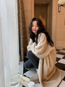 Thickened Long Knitted Mink Cardigan Womens Winter Coat Fur Outerwear V-neck Commute Style Simulation Mink Fur Coat