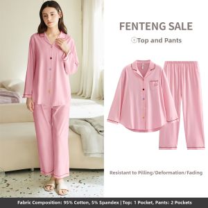 FENTENG | Cotton Turn-Down Collar Long Sleeve Ladies Sleepwear