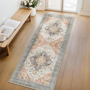 VIKAMA Oriental Vintage Long Runner Rug Blue Beige Medallion Floral Design Non Slip Mat For Kitchen Entryway Corridor Decor