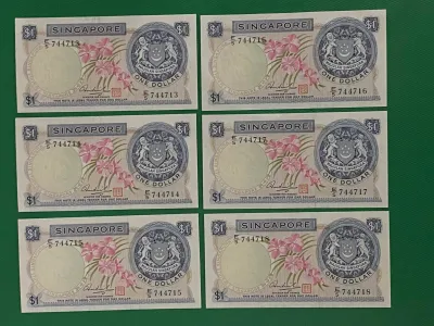 6 pcs Running numbers of Singapore Orchids series $1 Uncirculated notes