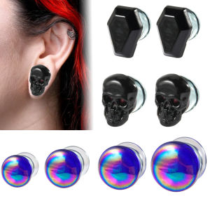 2PCS Glass Black Coffin&Skull Flared Ear Tunnles Plugs Rainbow Round Expander Stretchers Ear Gauges Piercing Body Jewelry