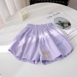 กางเกงขาสั้นผู้หญิงฤดูร้อนสไตล์เกาหลี กระโปรงทรงลูกโป่ง ปมผีเสื้อ ดอกไม้ หวาน หลากหลาย สำหรับเด็ก ผ้าฝ้ายผสมโพลีเอสเตอร์