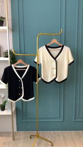 BL20969 Six Buttons Contrast Edge Knit Blouse