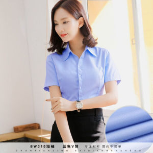 Slim Fit Short Sleeve Shirt Pure Blue Summer Thin V Neck Commute OL Style Womens Professional Workwear Half Sleeve Button up