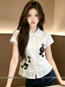 Music Notes Embroidery Collar Short Sleeve Shirt