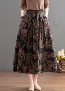 High Waist Floral Cotton Lin Skirt Womens Mid-Length A-Line Skirt Draping Word Large Swing Chinese Style Autumn Winter New Arrival