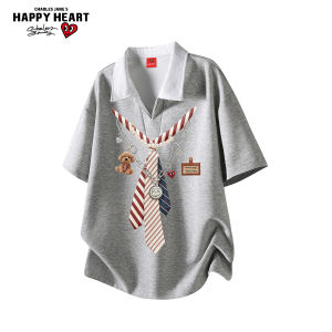 CHARLES JANGS HAPPY HEART | Fake Two-piece Shirt Collar Short Sleeve Mens T-shirt for Summer Preppy Style with Bear Print Couple Wear