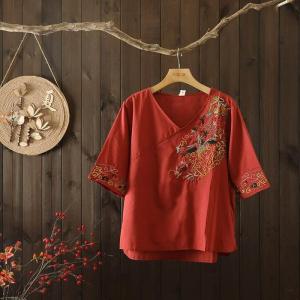Heavy Embroidery V-Neck Half Sleeve Casual Shirt Women Loose Fit round Neck Overhead Dressing Large Size Fashion Ethnic Style