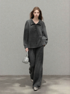 Cantonstory | Long Sleeve Turn-Down Collar Knitted Shirt Wide Leg Pants Suit Womens Winter 2 Pieces