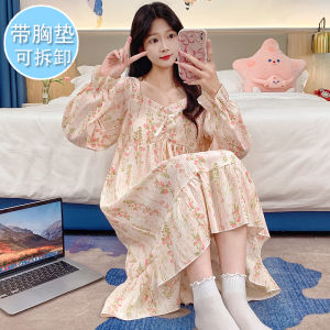 plus Size Sleep Dress Womens Spring Autumn with Chest Pad Large 200 Pounds Fat MM Pregnant Long Sleeve Nightgown plus Size