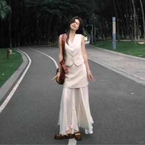 VKSOD | French Vintage Style Womens Vest Top V-neck Mesh High Waist Skirt Two-piece Set Summer 2025 Buttoning Other 100% Material