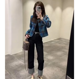 สูง เอว พลิกเย็บปะติดปะต่อ ลำลอง เดนิม กางเกง ผู้หญิง ฤดูใบไม้ร่วง ฤดูหนาว รูปแบบใหม่ พรางหุ่น สีดำ ท่อควัน กางเกง ขากว้าง กางเกง