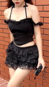 Women's Thin Strap Lace Bow T-shirts: Stylish & Comfortable Crop Top with Chest Pad