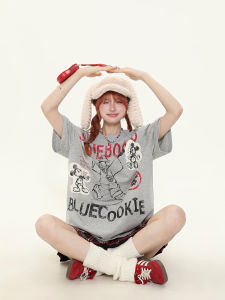 YIKOJIA American Street Style Hand-Drawn Graffiti Print Short-Sleeve T-Shirt Womens Summer Slim Fit Top Creative Cartoon Design