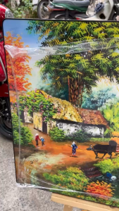 Tranh đồng quê quê hương trang trí phòng khách chất liệu gỗ in tráng gương