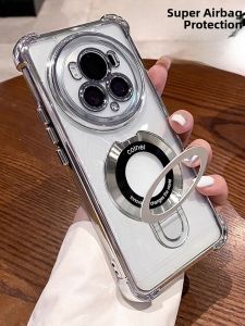 Honor Magic6 pro Phone Case New Electroplated Four Corner Airbag Magic 4 pro Invisible Magnetic Attraction Stand Protective Cover Magic5 with Lens Film Full Wrap Anti-Fall Magic6 Transparent