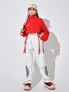 ชุดแจ๊สฮิปฮอปสำหรับเด็กผู้หญิง ชุดเต้นรำสีแดงสั้น ชุดการแสดงสำหรับเด็ก ชุดแฟชั่นฤดูใบไม้ผลิ ชุดเต้นรำสตรีท ชุดแจ๊สฮิปฮอป