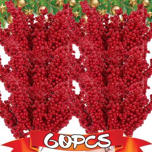 Dozoey พวงหรีดต้นคริสต์มาสดอกไม้ประดิษฐ์60ชิ้นเครื่องประดับลำต้นเบอร์รี่ฮอลลี่สีแดงพืชจำลองตกแต่งปาร์ตี้แบบทำมือ