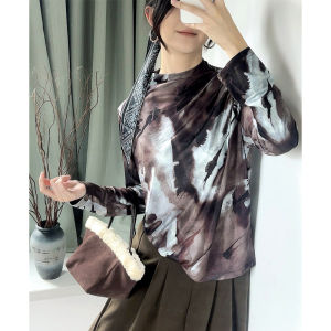 เสื้อเบลาส์ผ้ายืดสำหรับผู้หญิงเสื้อเข้ารูปพอดีแขนยาวผ้าตาข่ายยืดได้พิมพ์ลายสุดชิค