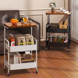 BM รถเข็น โต๊ะชา เหล็ก ชั้นวางของมีล้อ 3ชั้น แผ่นโต๊ะไม้+พร้อมล้อเลื่อน แข็งแรงกันสนิม เคลื่อนย้ายสะดวก