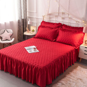 Red Brushed Thickened Wedding Cotton-Padded Bed Skirt Mattress Cover One-Piece Bedspread 1.5 1.8 M 4-Piece Set